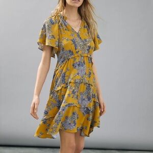 Anthropologie Robin Tiered Mustard Floral Ruffle Short Dress